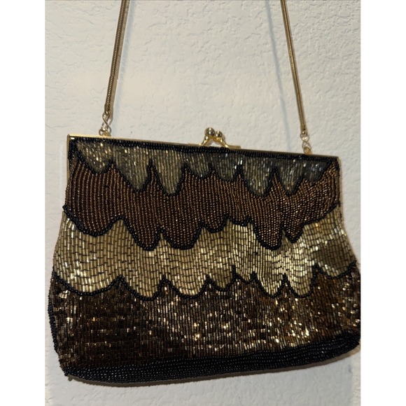 The Unbranded Brand Handbags - Vintage Heavily Beaded Clutch Evening Bag Handbag Purse Kiss lock Gold Multi Euc